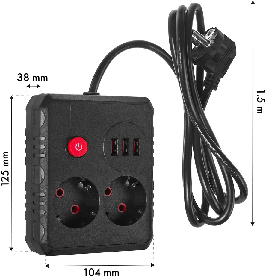 „Maclean“ maitinimo lizdas, ilgintuvas, 2 lizdai + 3xUSB, 110-240V AC 50/60Hz, 2.1A max 2500W, 1.5m, juodas, MCE387 B