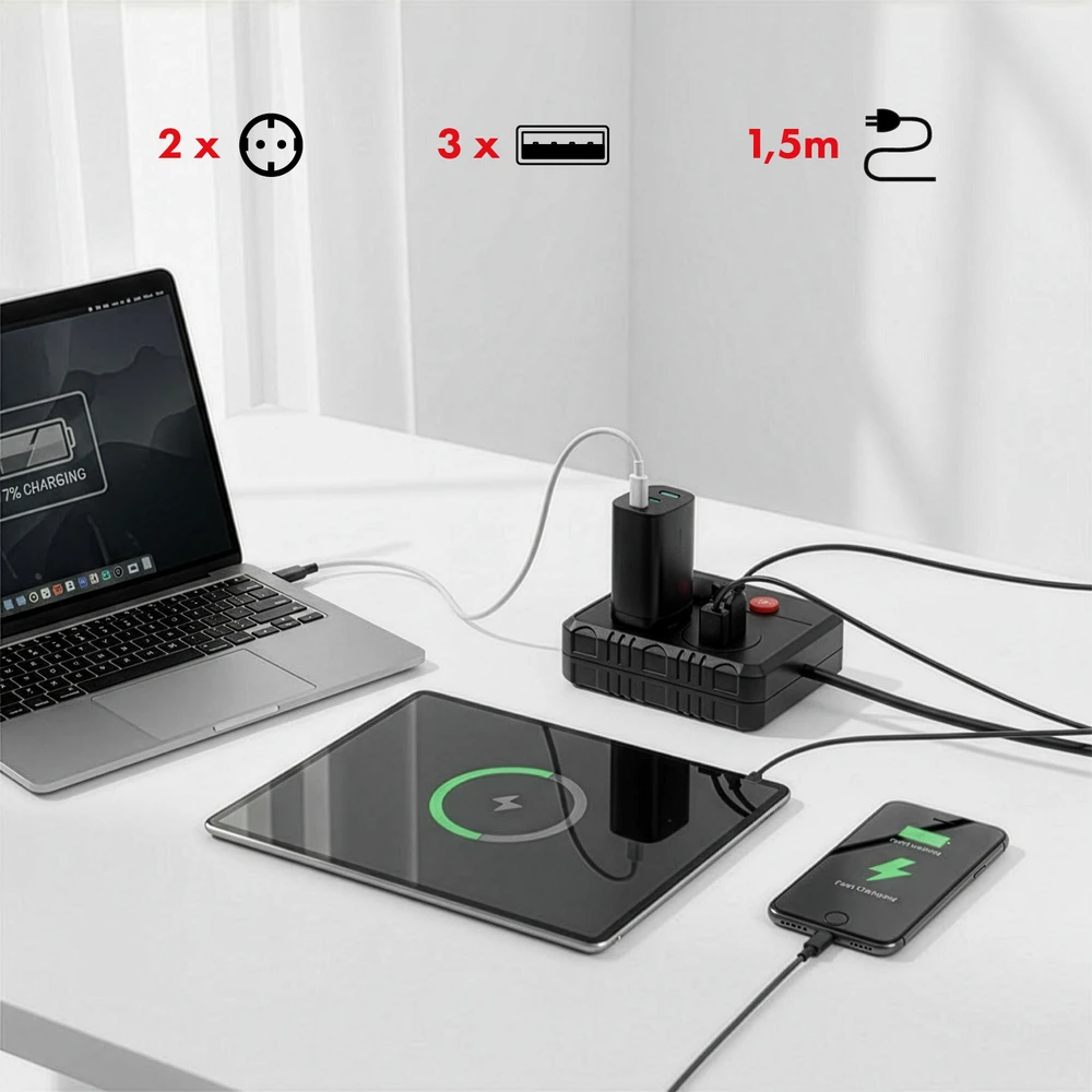 „Maclean“ maitinimo lizdas, ilgintuvas, 2 lizdai + 3xUSB, 110-240V AC 50/60Hz, 2.1A max 2500W, 1.5m, juodas, MCE387 B