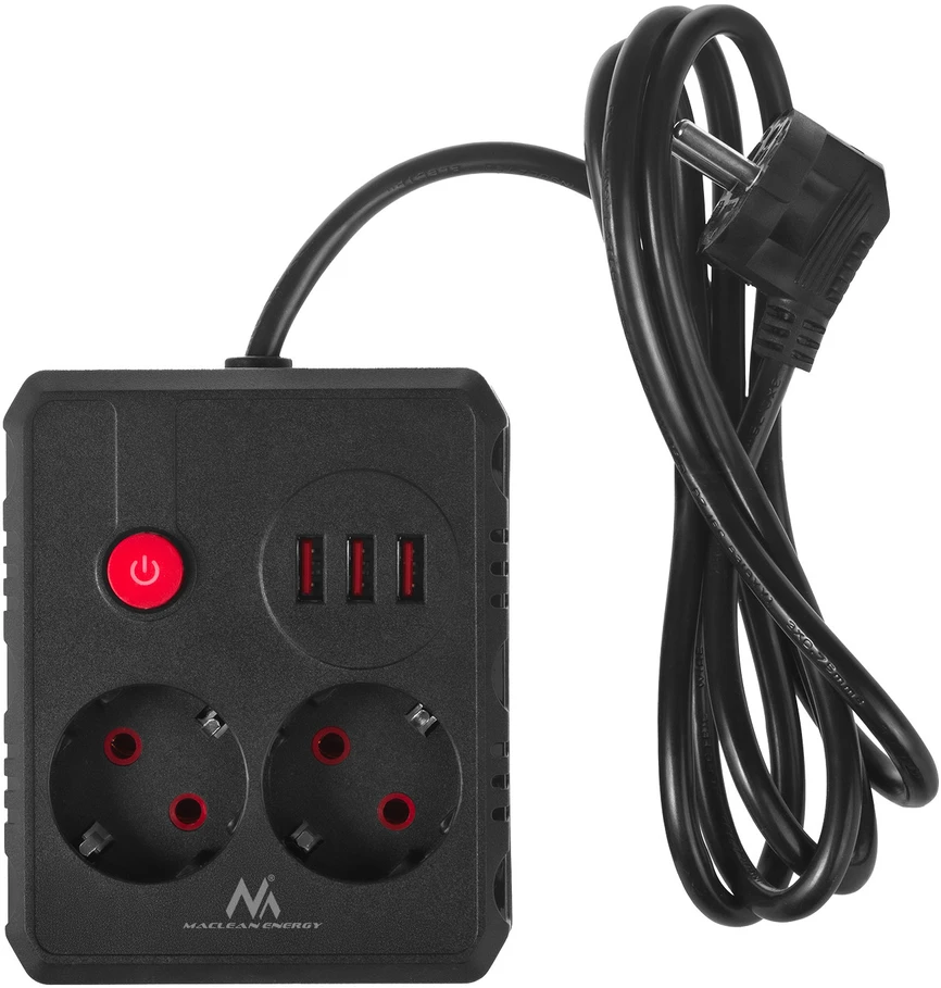 „Maclean“ maitinimo lizdas, ilgintuvas, 2 lizdai + 3xUSB, 110-240V AC 50/60Hz, 2.1A max 2500W, 1.5m, juodas, MCE387 B