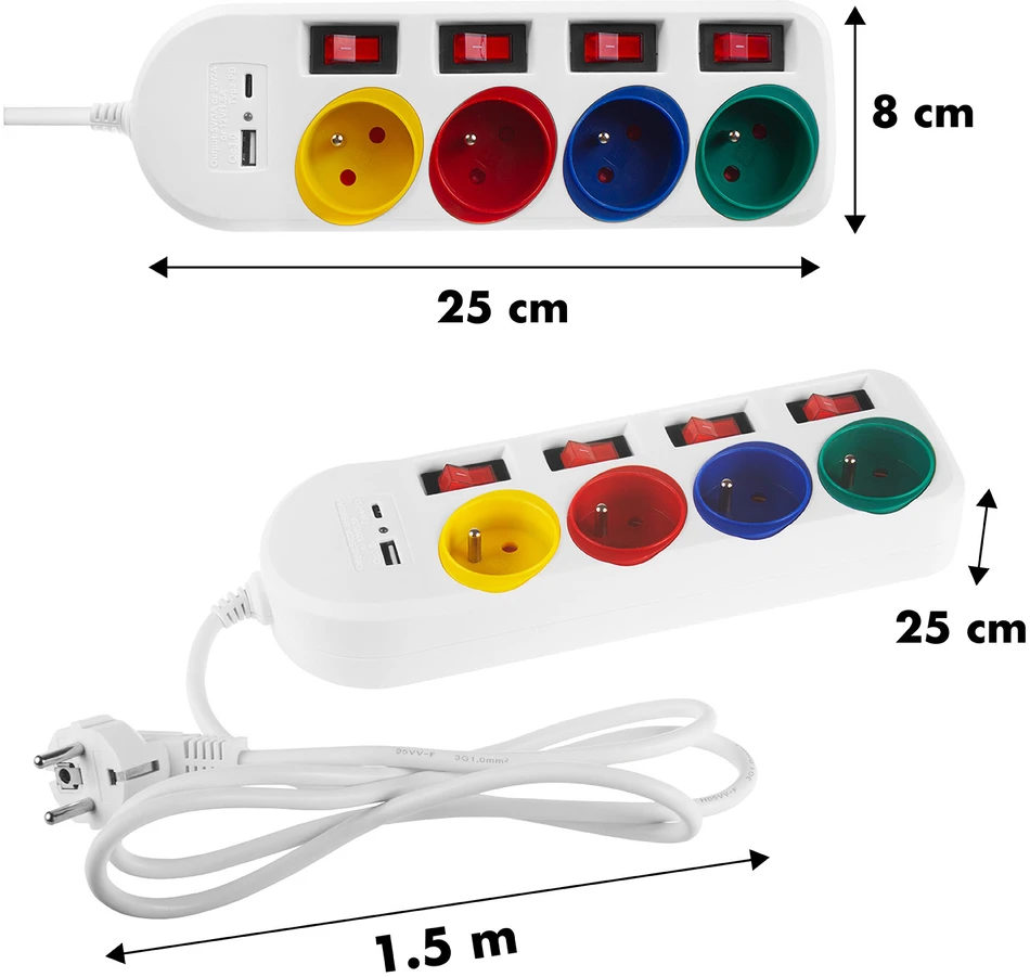 Listwa „Maclean“ maitinimo laidas, 4 lizdų + USB, su jungikliais, 250 V kintamoji srovė / 10 A, 1,5 m, baltas, MCE508 W