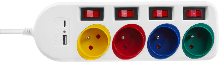 Listwa „Maclean“ maitinimo laidas, 4 lizdų + USB, su jungikliais, 250 V kintamoji srovė / 10 A, 1,5 m, baltas, MCE508 W