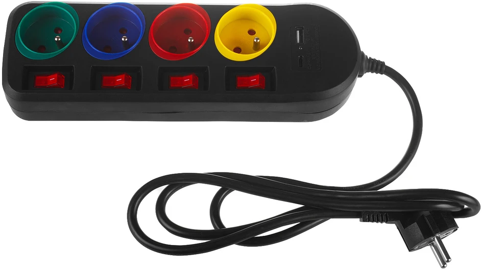 Listwa „Maclean“ maitinimo laidas, 4 lizdų + USB, su jungikliais, 250 V kintamoji srovė / 10 A, 1,5 m, juodas, MCE508 B