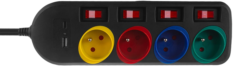 Listwa „Maclean“ maitinimo laidas, 4 lizdų + USB, su jungikliais, 250 V kintamoji srovė / 10 A, 1,5 m, juodas, MCE508 B