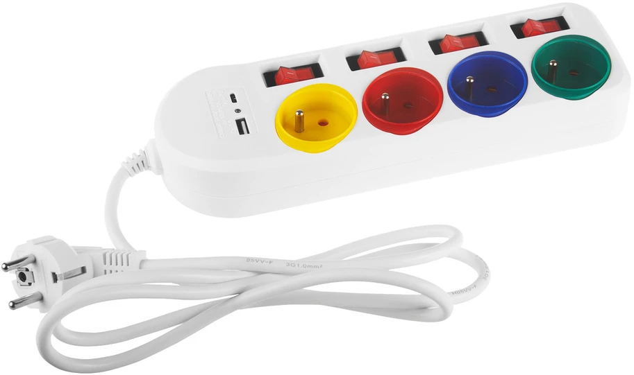 Listwa „Maclean“ maitinimo laidas, 4 lizdų + USB, su jungikliais, 250 V kintamoji srovė / 10 A, 1,5 m, baltas, MCE508 W