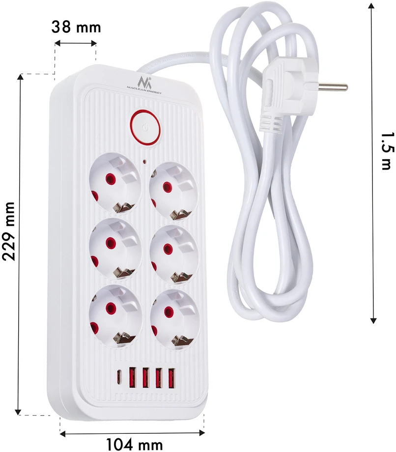 „Maclean“ maitinimo jungtis, 6 lizdų prailgintuvas + 4xUSB, 110-240V AC 50/60Hz, 2.1A max 2500W, 1.5 m, baltas, MCE389 W