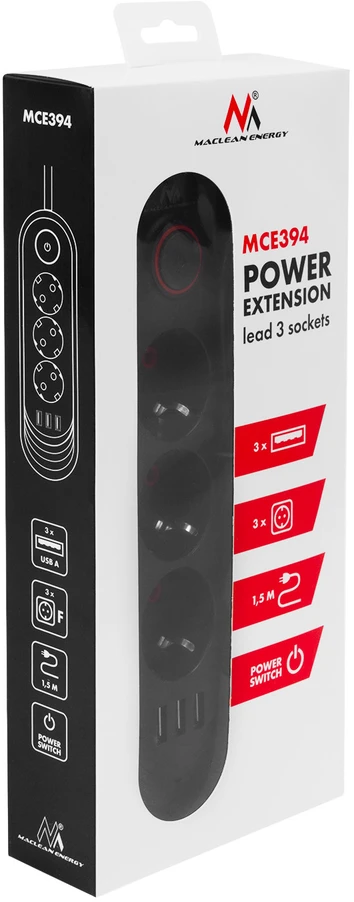 „Maclean“ maitinimo laidas, 3 lizdų prailginimo laidas + 3xUSB, 110-240V AC 50/60Hz, 2.1A max 2500W, 1.5m, juodas, MCE394 B