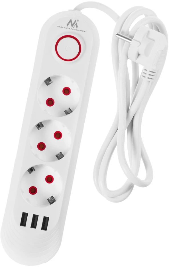 „Maclean“ maitinimo jungtis, 3 lizdų prailgintuvas + 3xUSB, 110-240V AC 50/60Hz, 2.1A max 2500W, 1.5m, baltas, MCE394 W