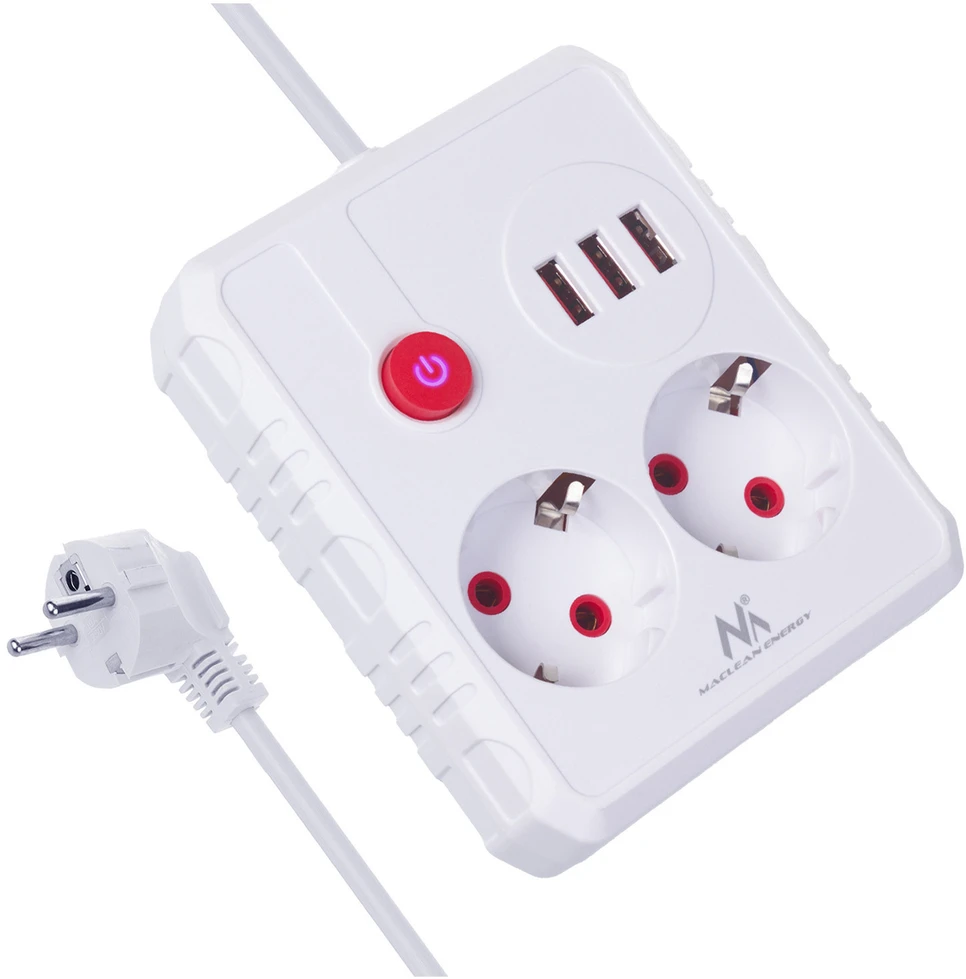 „Maclean“ maitinimo laidas, ilgintuvas, 2 lizdai + 3xUSB, 110-240V AC 50/60Hz, 2.1A max 2500W, 1.5m, baltas, MCE387 W