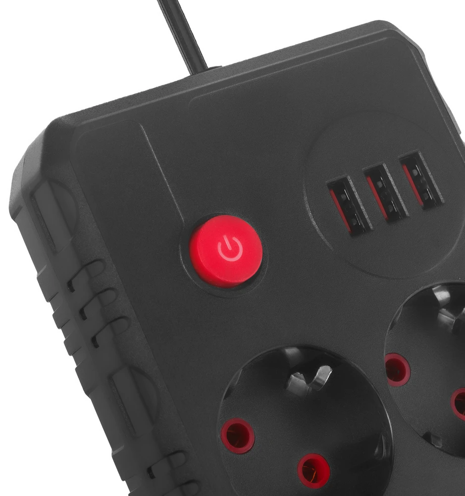 „Maclean“ maitinimo lizdas, ilgintuvas, 2 lizdai + 3xUSB, 110-240V AC 50/60Hz, 2.1A max 2500W, 3 m, juodas, MCE388 B