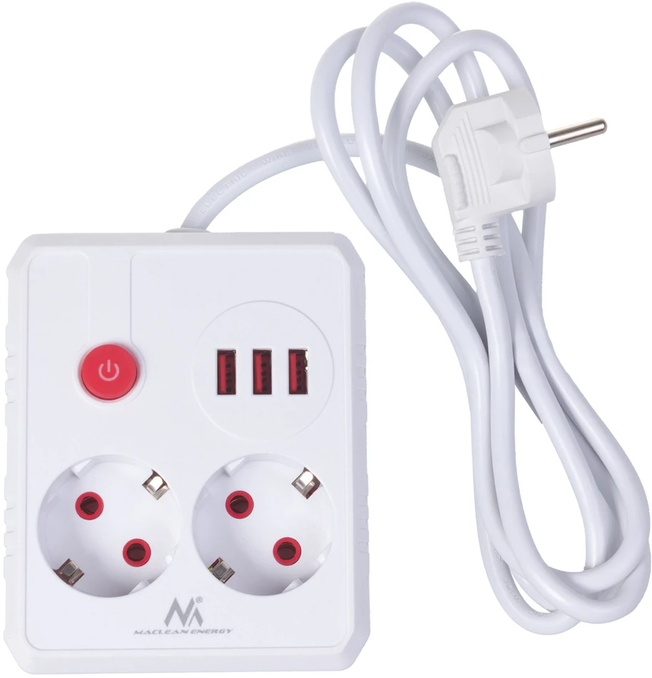 „Maclean“ maitinimo laidas, ilgintuvas, 2 lizdai + 3xUSB, 110-240V AC 50/60Hz, 2.1A max 2500W, 1.5m, baltas, MCE387 W