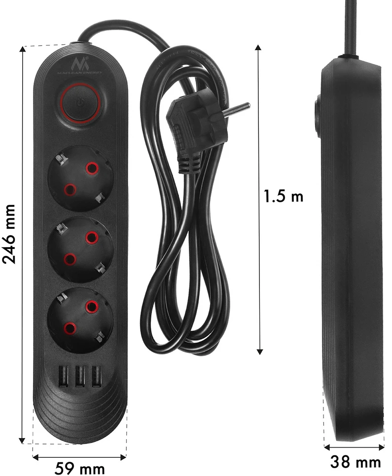 „Maclean“ maitinimo laidas, 3 lizdų prailginimo laidas + 3xUSB, 110-240V AC 50/60Hz, 2.1A max 2500W, 1.5m, juodas, MCE394 B