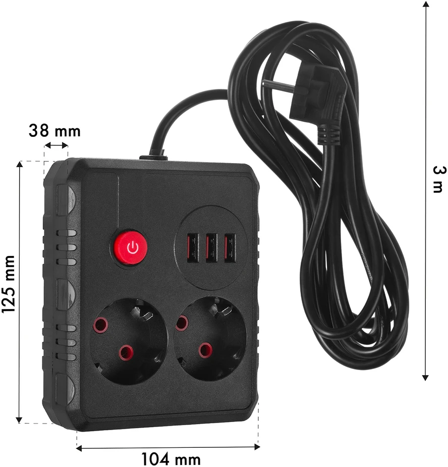 „Maclean“ maitinimo lizdas, ilgintuvas, 2 lizdai + 3xUSB, 110-240V AC 50/60Hz, 2.1A max 2500W, 3 m, juodas, MCE388 B