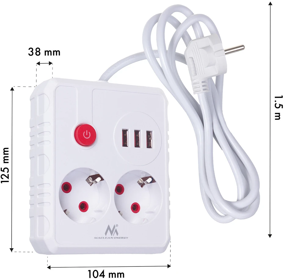 „Maclean“ maitinimo laidas, ilgintuvas, 2 lizdai + 3xUSB, 110-240V AC 50/60Hz, 2.1A max 2500W, 1.5m, baltas, MCE387 W