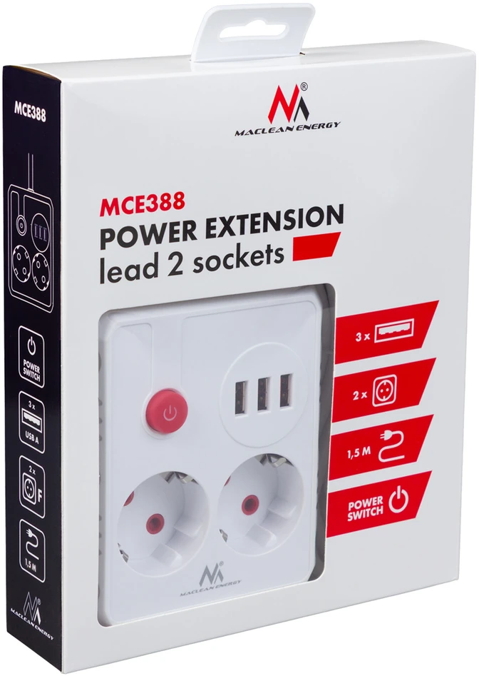 „Maclean“ maitinimo laidas, ilgintuvas, 2 lizdai + 3xUSB, 110-240V AC 50/60Hz, 2.1A max 2500W, 1.5m, baltas, MCE387 W