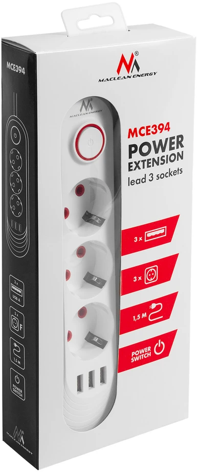 „Maclean“ maitinimo jungtis, 3 lizdų prailgintuvas + 3xUSB, 110-240V AC 50/60Hz, 2.1A max 2500W, 1.5m, baltas, MCE394 W