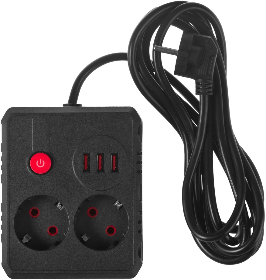„Maclean“ maitinimo lizdas, ilgintuvas, 2 lizdai + 3xUSB, 110-240V AC 50/60Hz, 2.1A max 2500W, 3 m, juodas, MCE388 B