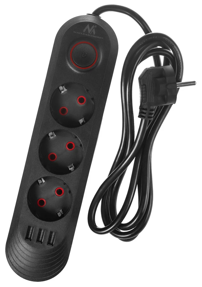 „Maclean“ maitinimo laidas, 3 lizdų prailginimo laidas + 3xUSB, 110-240V AC 50/60Hz, 2.1A max 2500W, 1.5m, juodas, MCE394 B