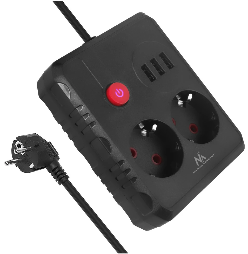 „Maclean“ maitinimo lizdas, ilgintuvas, 2 lizdai + 3xUSB, 110-240V AC 50/60Hz, 2.1A max 2500W, 3 m, juodas, MCE388 B
