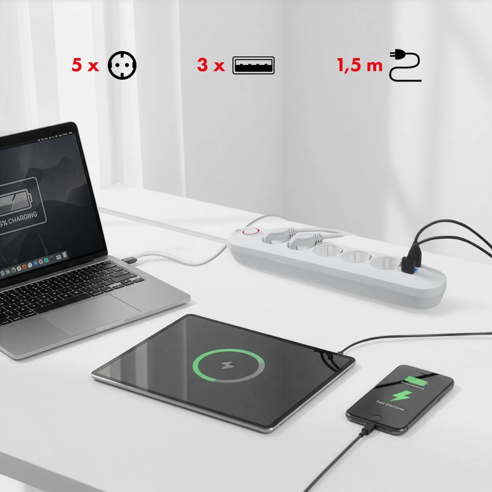 „Maclean“ maitinimo jungtis, 5 lizdų prailgintuvas + 3xUSB, 110-240V AC 50/60Hz, 2.1A max 2500W, 1.5m, baltas, MCE395 W