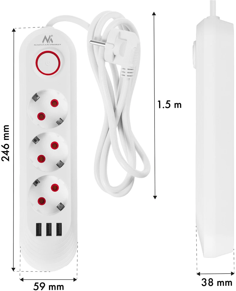 „Maclean“ maitinimo jungtis, 3 lizdų prailgintuvas + 3xUSB, 110-240V AC 50/60Hz, 2.1A max 2500W, 1.5m, baltas, MCE394 W