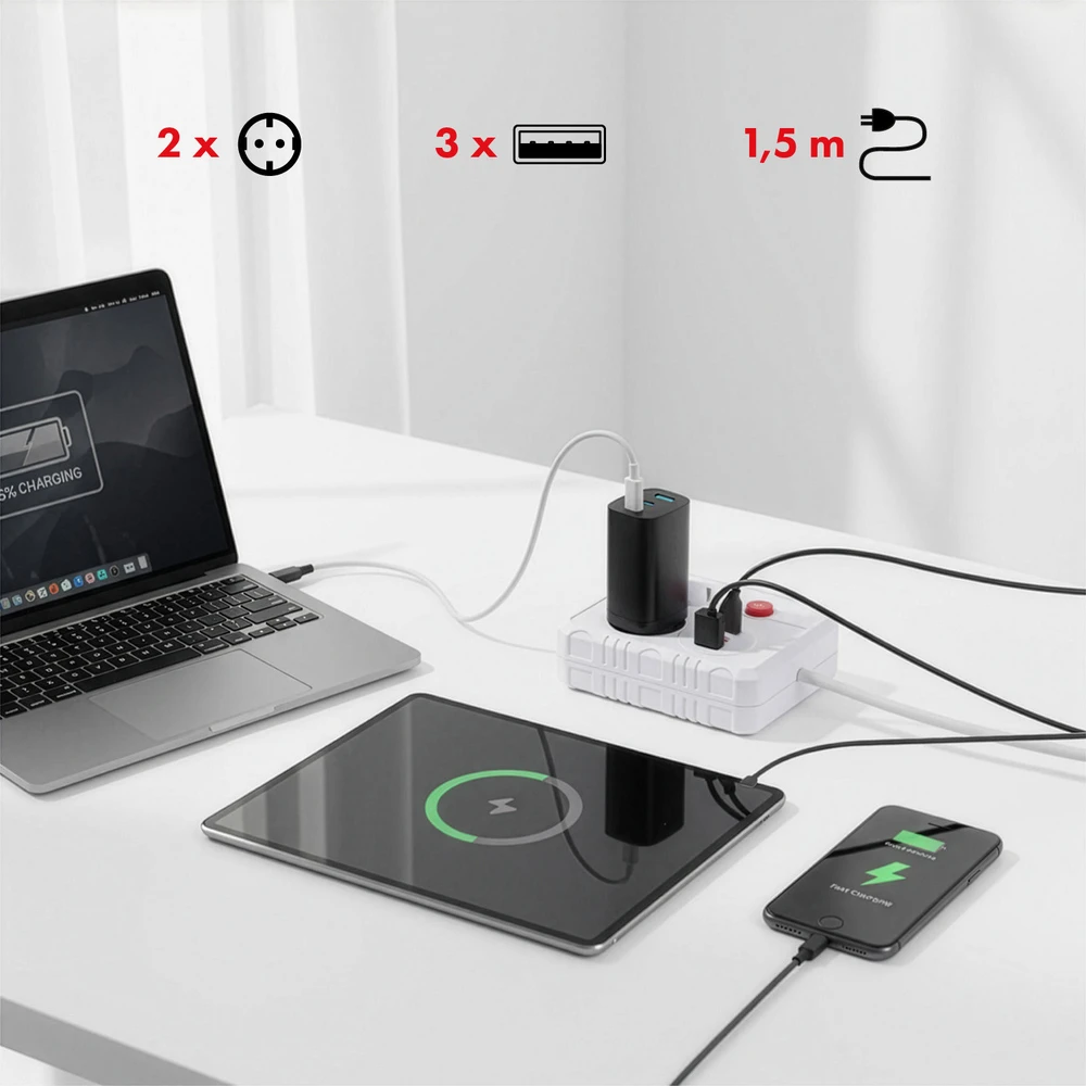 „Maclean“ maitinimo laidas, ilgintuvas, 2 lizdai + 3xUSB, 110-240V AC 50/60Hz, 2.1A max 2500W, 1.5m, baltas, MCE387 W