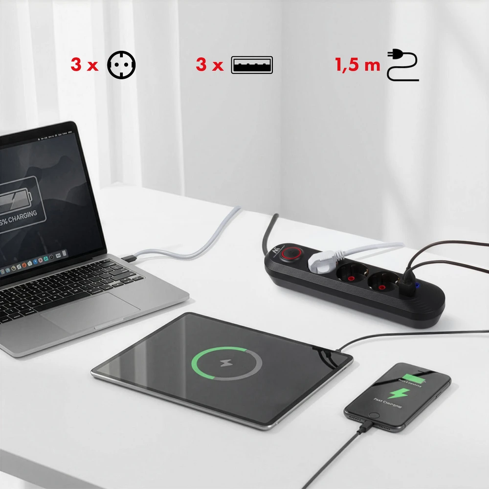 „Maclean“ maitinimo laidas, 3 lizdų prailginimo laidas + 3xUSB, 110-240V AC 50/60Hz, 2.1A max 2500W, 1.5m, juodas, MCE394 B