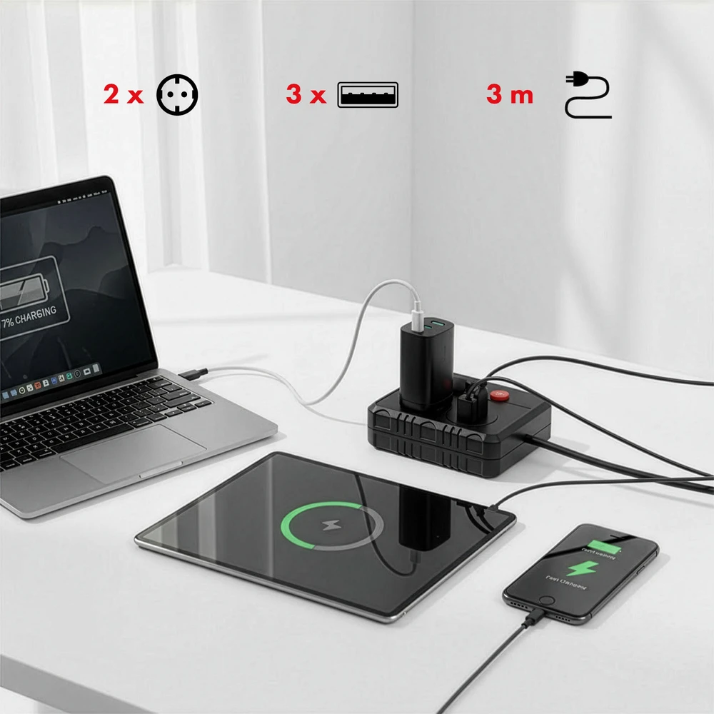 „Maclean“ maitinimo lizdas, ilgintuvas, 2 lizdai + 3xUSB, 110-240V AC 50/60Hz, 2.1A max 2500W, 3 m, juodas, MCE388 B