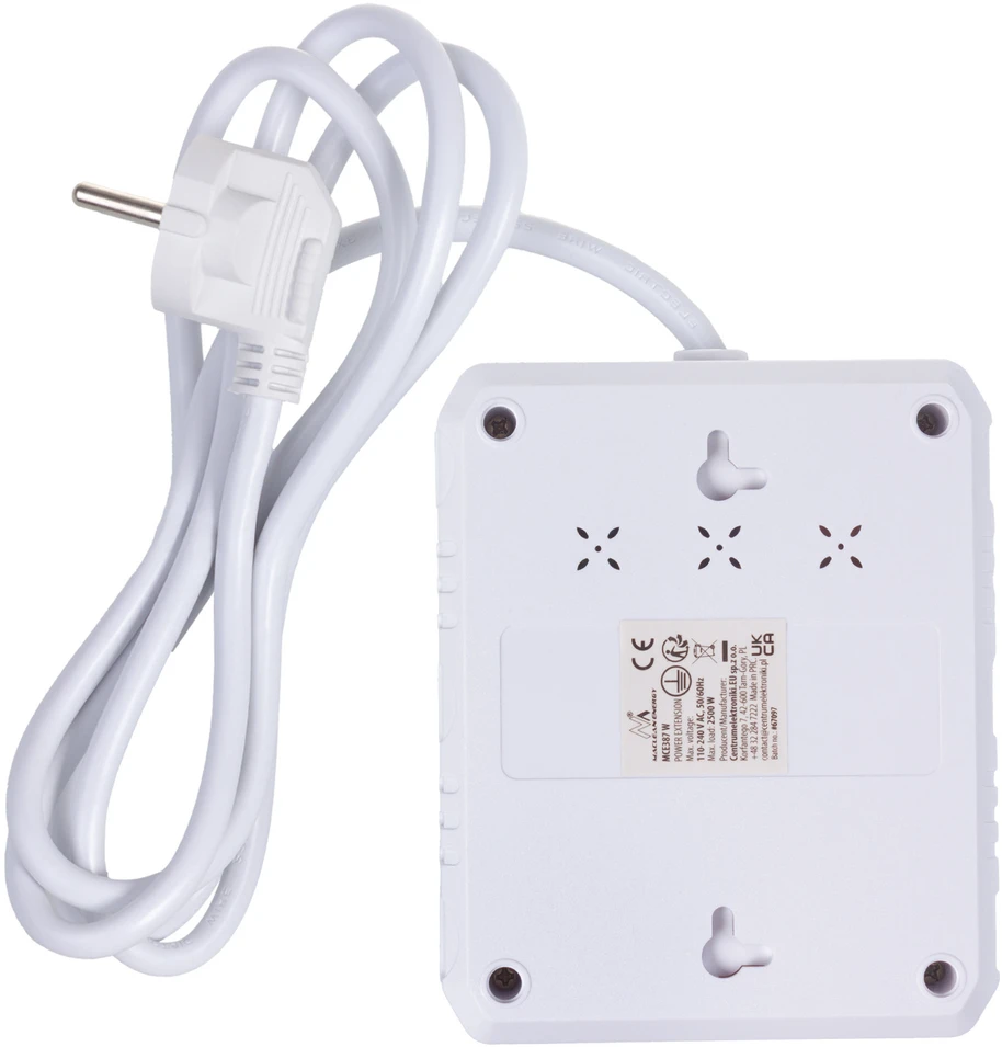 „Maclean“ maitinimo laidas, ilgintuvas, 2 lizdai + 3xUSB, 110-240V AC 50/60Hz, 2.1A max 2500W, 1.5m, baltas, MCE387 W