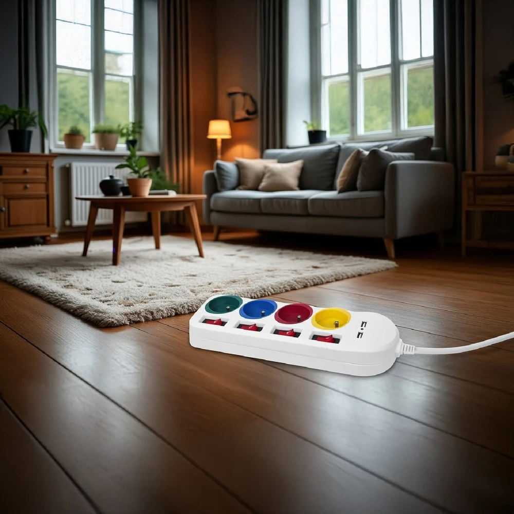 Maclean maitinimo juostelė, ilgintuvas 4 lizdai + 2xUSB, su jungikliais, 250VAC/10A, 2.1A 5V, 1.5m, baltas, MCE229 W