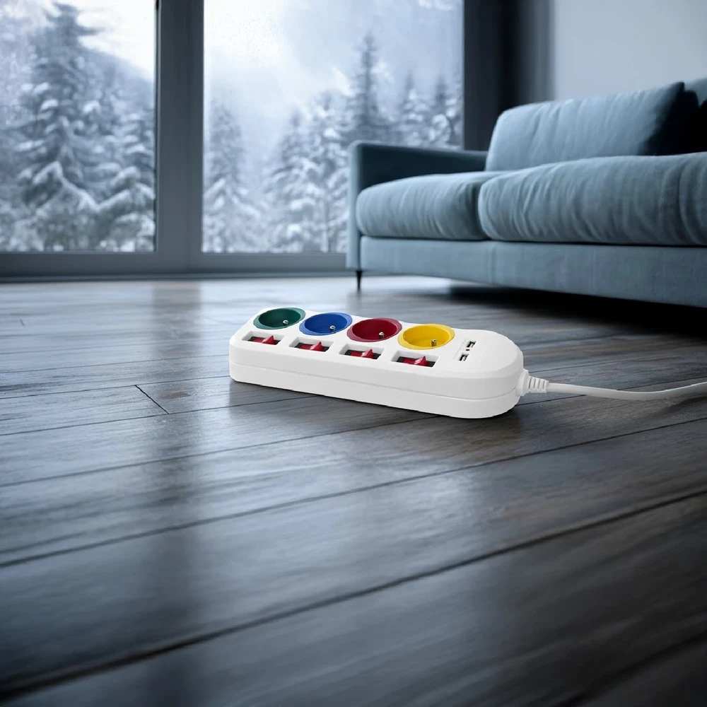 Maclean maitinimo juostelė, ilgintuvas 4 lizdai + 2xUSB, su jungikliais, 250VAC/10A, 2.1A 5V, 1.5m, baltas, MCE229 W