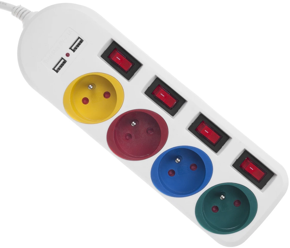 Maclean maitinimo juostelė, ilgintuvas 4 lizdai + 2xUSB, su jungikliais, 250VAC/10A, 2.1A 5V, 1.5m, baltas, MCE229 W