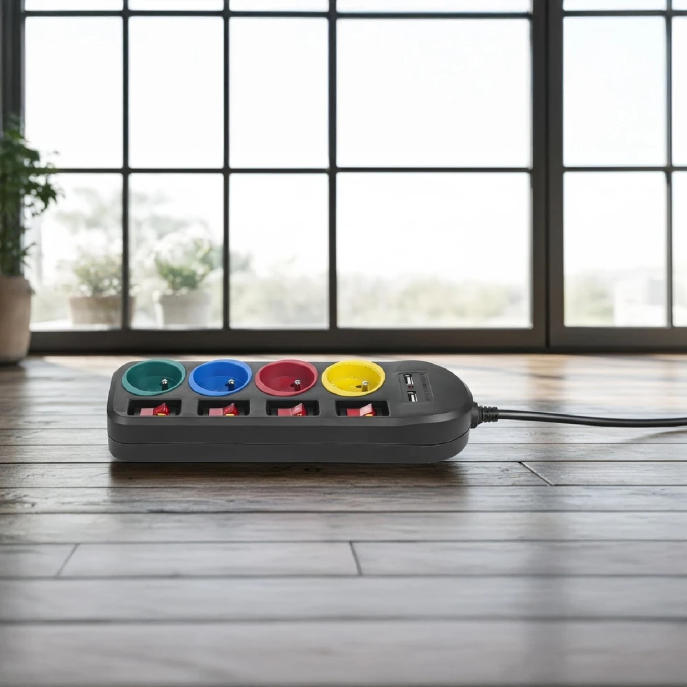 Maclean maitinimo juostelė, 4 lizdų ilgintuvas + 2xUSB, su jungikliais, 250VAC/10A, 2.1A 5V, 1.5m, juodas, MCE229 B