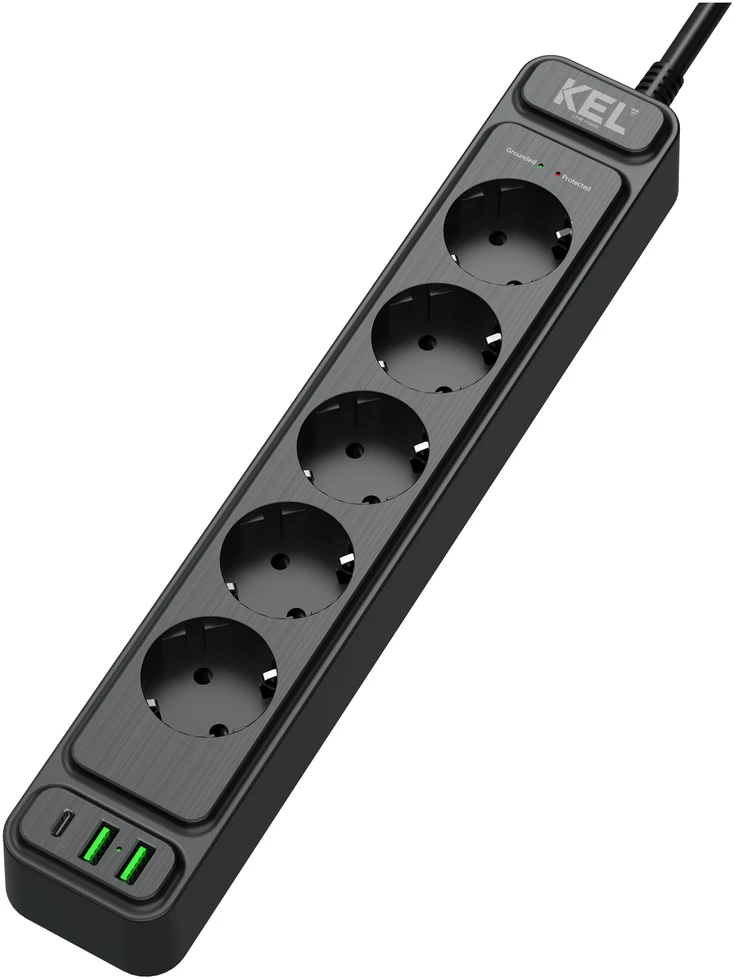 Plastrol Apsaugos nuo viršįtampių juosta, 5 lizdai 2P+u ir lizdais 2xUSB-A, 1xUSB-C, 1,5 m, Schuko