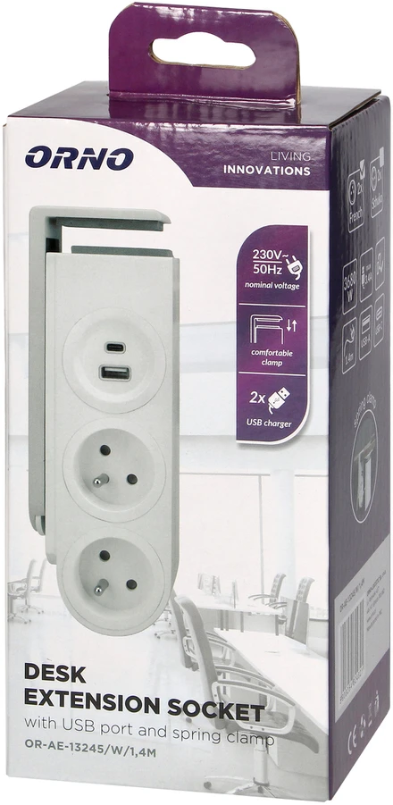 Orno Listwa Stalinis maitinimo lizdas su USB įkrovikliu ir spyruokliniu tvirtinimo spaustuku