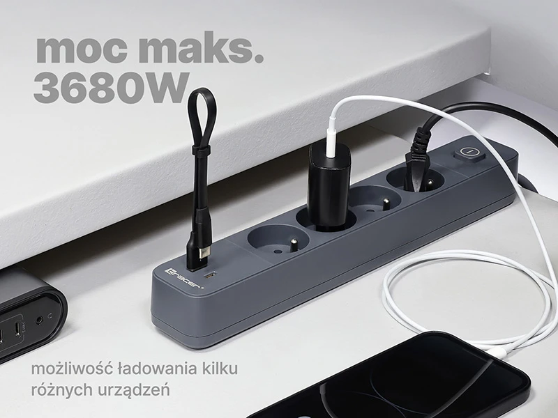 Listwa TRACER Power Line+ mobiliųjų įrenginių maitinimo laidas su viršįtampių apsauga, 1,5 m (4 lizdai + 1x USB A+, 1x C tipo, PD20W)
