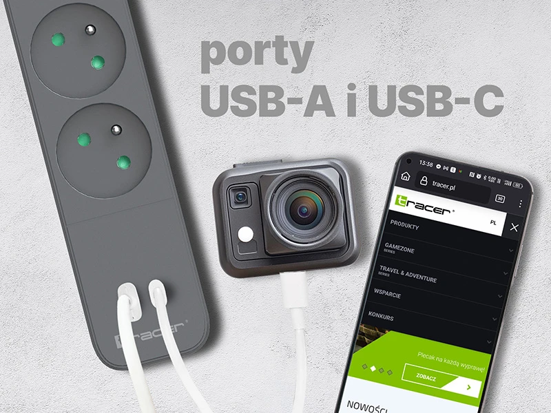 Listwa TRACER Power Line+ mobiliųjų įrenginių maitinimo laidas su viršįtampių apsauga, 1,5 m (4 lizdai + 1x USB A+, 1x C tipo, PD20W)