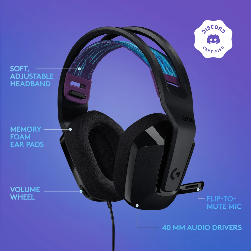 Laidinės žaidimų ausinės Logitech G335, juodos spalvos