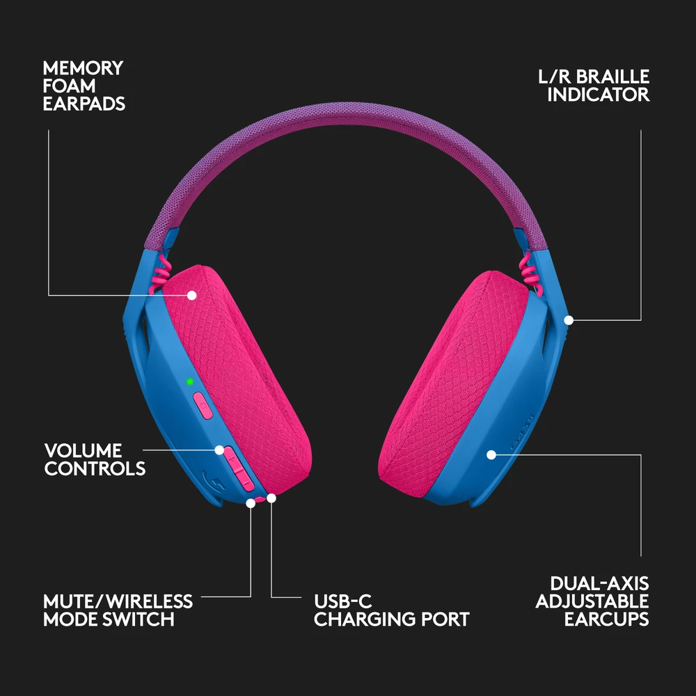 Žaidimų ausinės Logitech G435 Lightspeed, mėlynos/rožinės spalvos