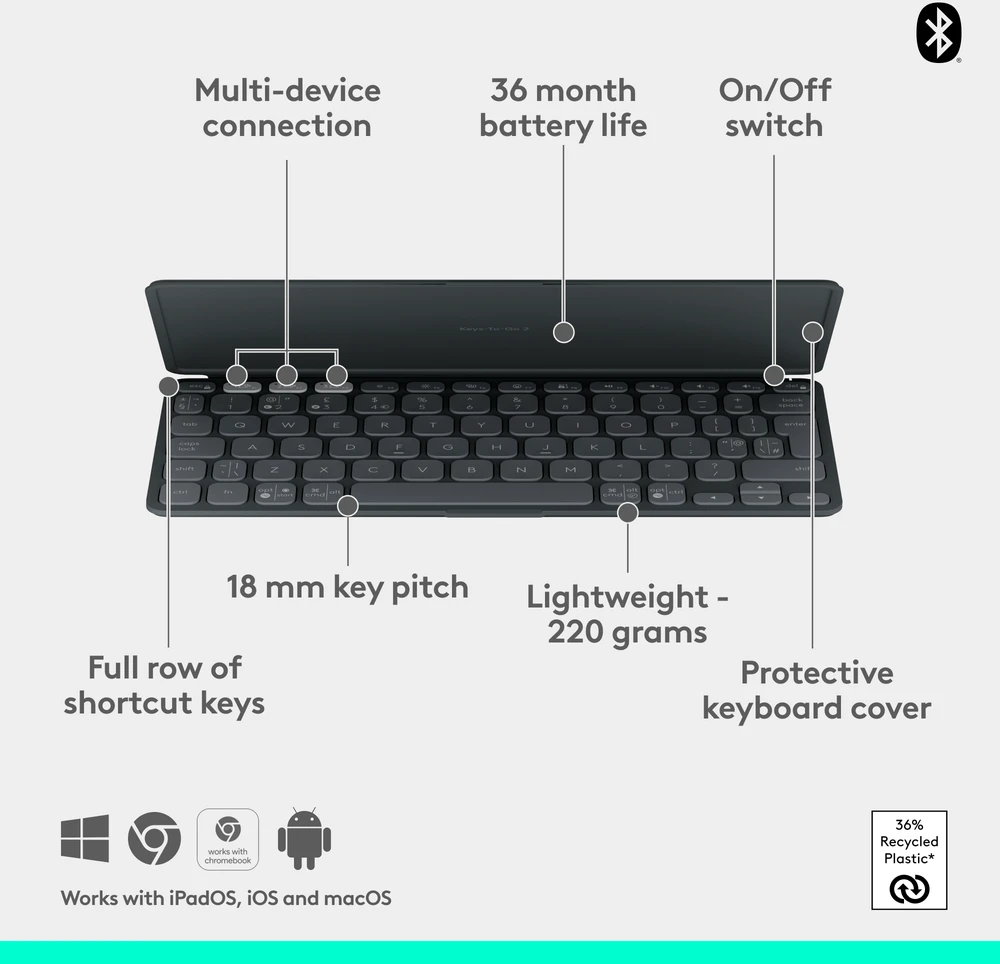 „Logitech Keys-To-Go 2“ nešiojama belaidė klaviatūra planšetiniams kompiuteriams – Šiaurės šalių kalbomis