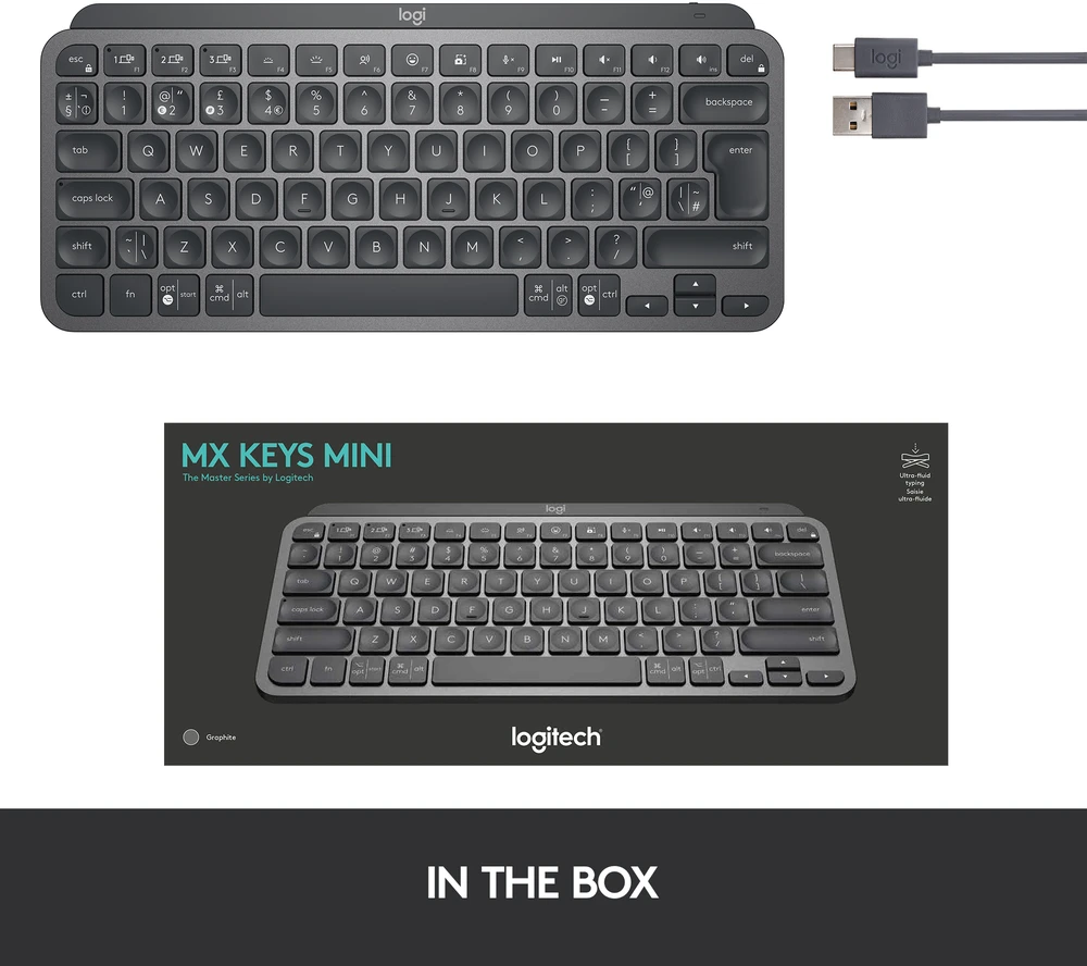Minimalistinė Belaidė Klaviatūra su apašvietimu Logitech MX Keys Mini, Grafito spalvos, Šiaurės šalių (Qwerty) išdėstymas