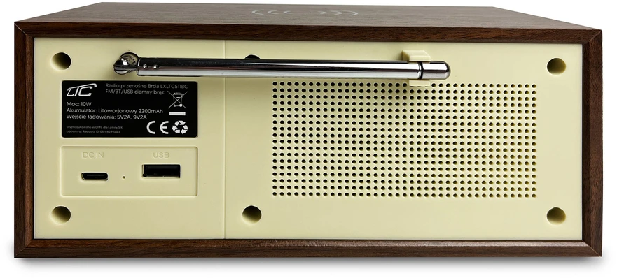 LTC Retro nešiojamas radijas BRDA FM/BT/USB, akum. 2200mAh, 10W, indukcinis telefono įkrovimas, ruda/grafitas