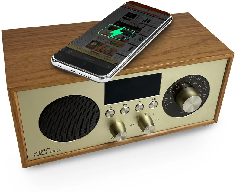 LTC Radio przenośne retro brda fm/bt/usb akum.2200mah,10w,ładowanie indukcyjne telefonu,jasny ruda/auksinė