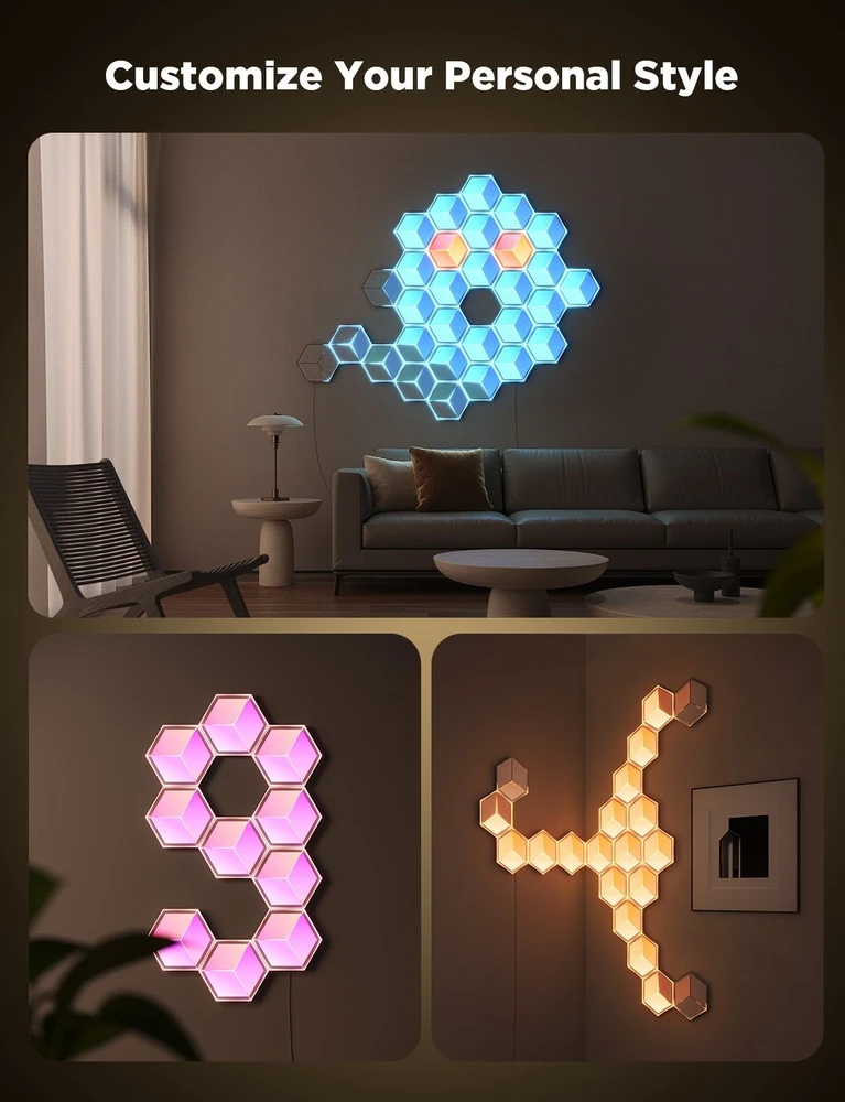„Govee H606A Glide“ šešiakampės šviesos plokštės, itin plonos, 7 vnt. pakuotėje | LED apšvietimas | RGBIC, 2,4 GHz „Wi-Fi“, „Bluetooth“