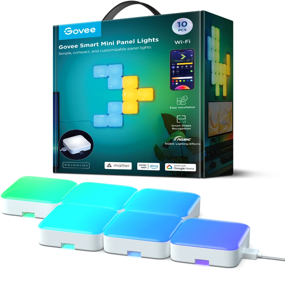 Govee Mini Panel Lights (10 vnt.), RGBIC, Wi-Fi + Bluetooth LED panelės