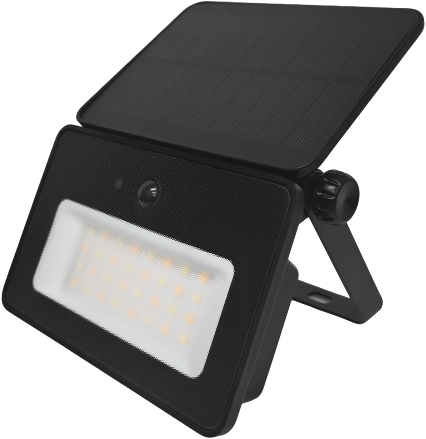 LUNERA LED 10W, saulės energija varomas prožektorius su PIR judesio jutikliu, 700 lm, CCT, IP54, 2400 mAh, juodas