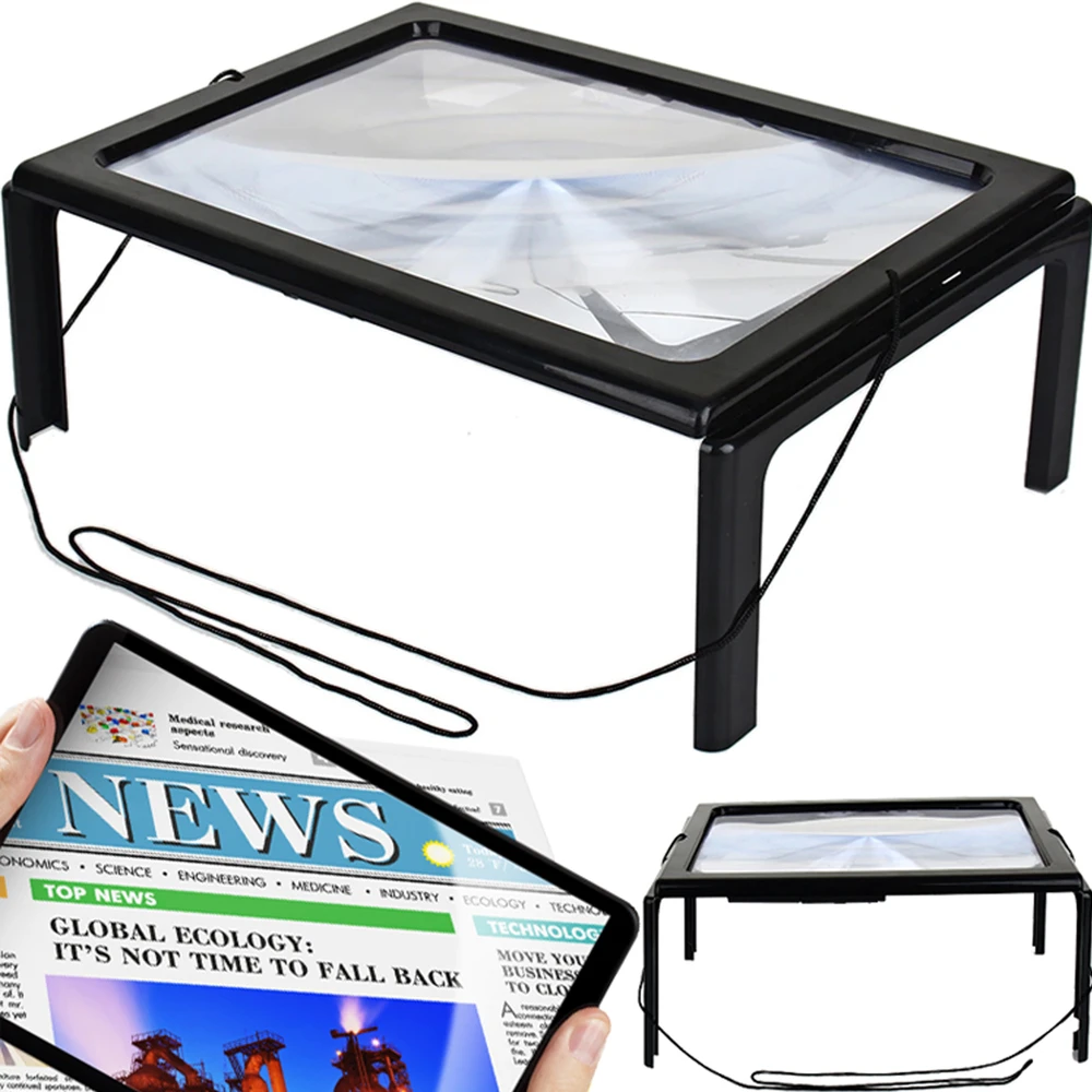 Lupa A4 LED apšviestas 3 kartų didinamasis stiklas skaitymui