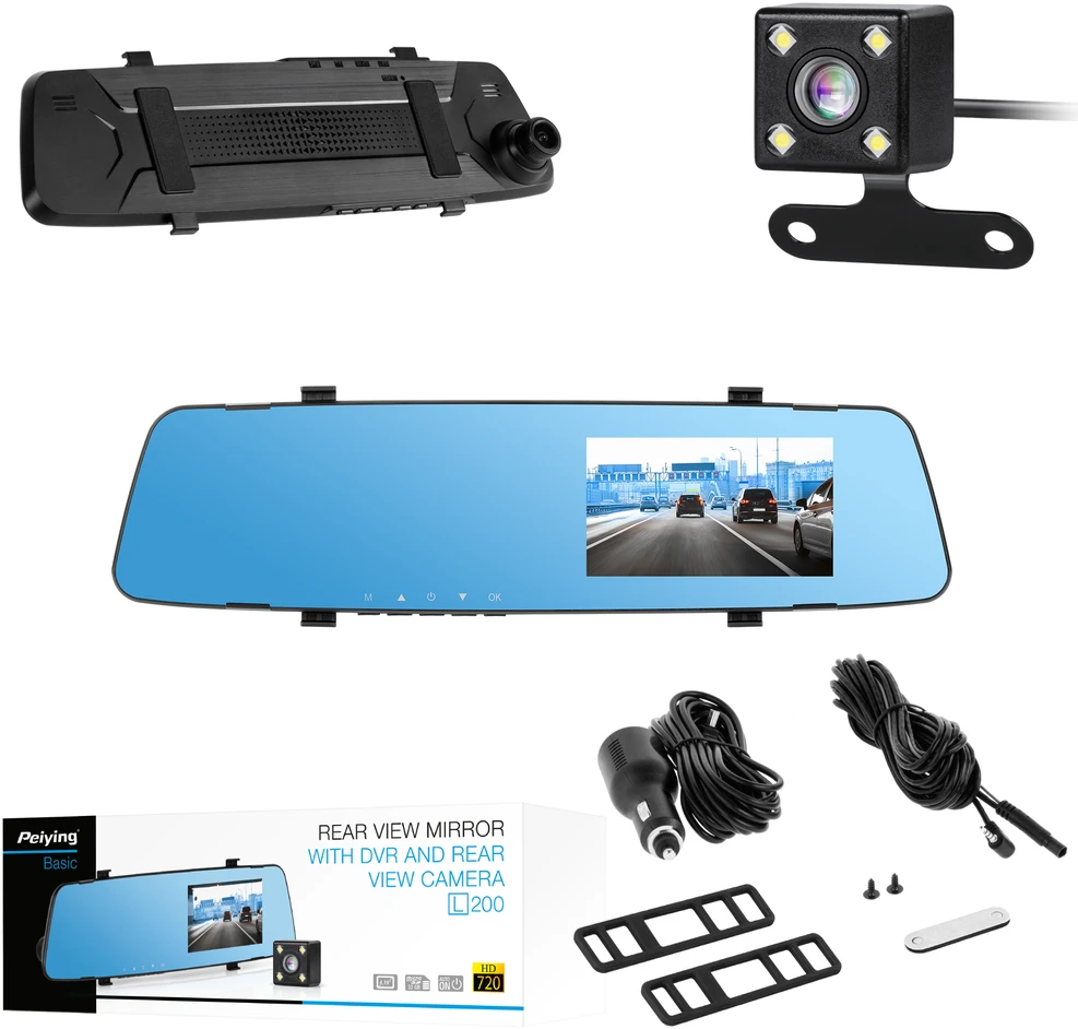 Peiying Basic automobilio veidrodėlis su video registratoriumi ir atbulinės eigos kamera L200