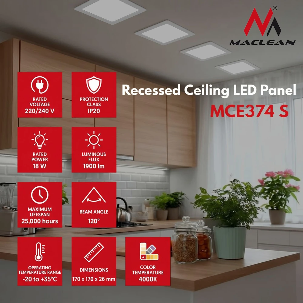 Maclean MCE374S LED lubų skydelis įleidžiamas SLIM 18W Neutral Baltas 4000K 170x170x26mm 1900lm
