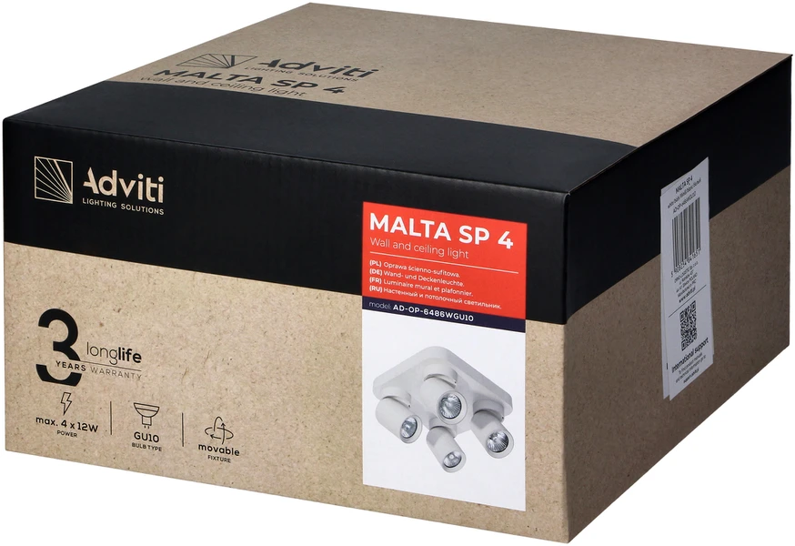 Orno MALTA SP 4, sieninis/lubinis šviestuvas, GU10, max. 4x12W, IP20, baltas, kvadratinis cokolis