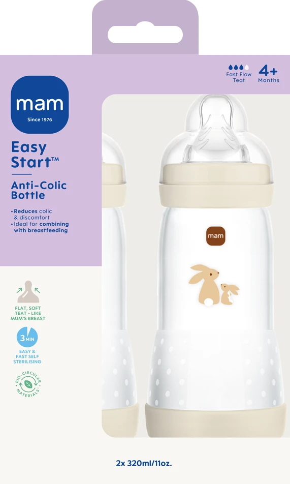 MAM – „Easy Start“ buteliukas nuo dieglių – neutralus – 320 ml, 2 vnt.